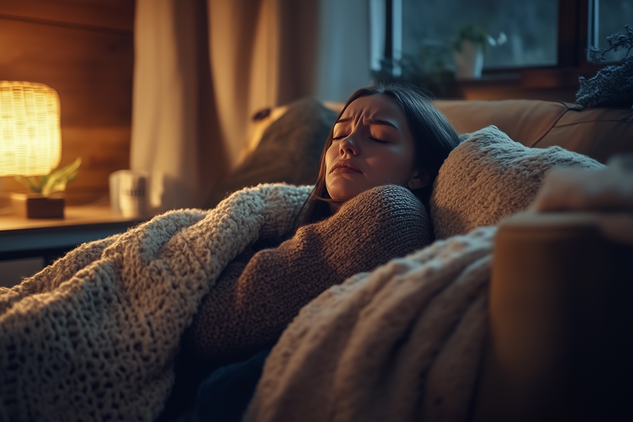 Ill woman laying under a blanket